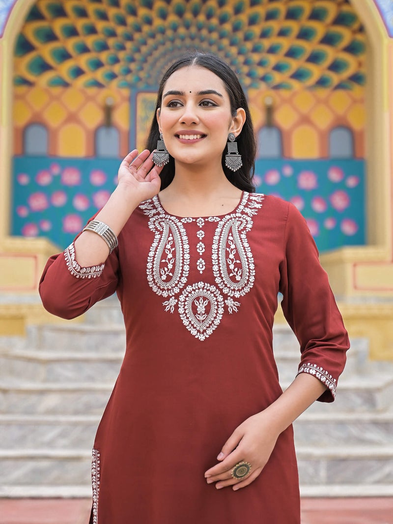 Shifory Maroon Embroidered Kurti Pant Set for Women - Image 2